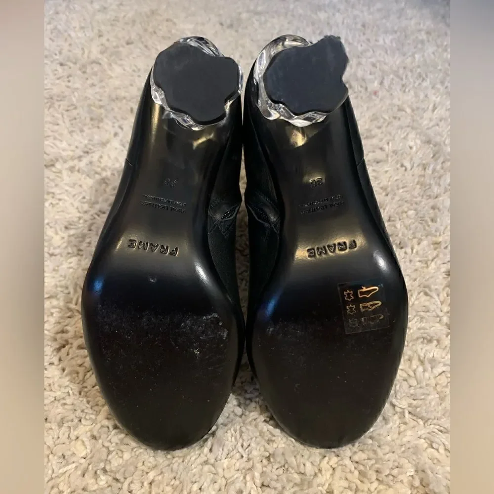 Frame EUC black leather ankle boots with thick textured clear heel Size 36